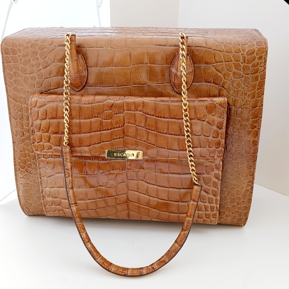ESCADA Vintage (Modified) Bag Croc Pattern Warm Brown Goldtone Chain - Picture 1 of 15